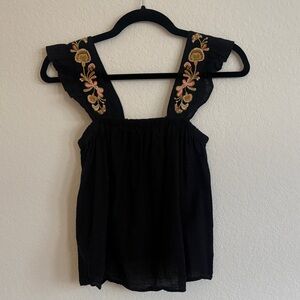 Madewell Black Embroidered Ruffle-Strap Tank